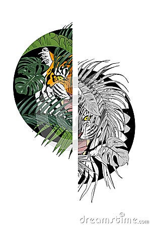 Tiger in the jungle, print for clothing design Vector Illustration